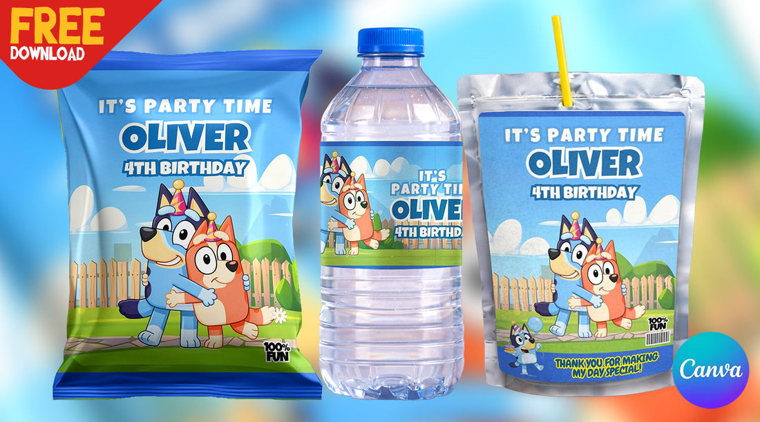 Free Bluey Dog Party Favor Bundle Editable Canva Templates
