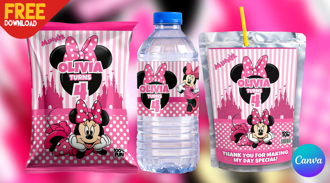 Free Minnie Mouse Birthday Party Favor Bundle Editable Canva Templates