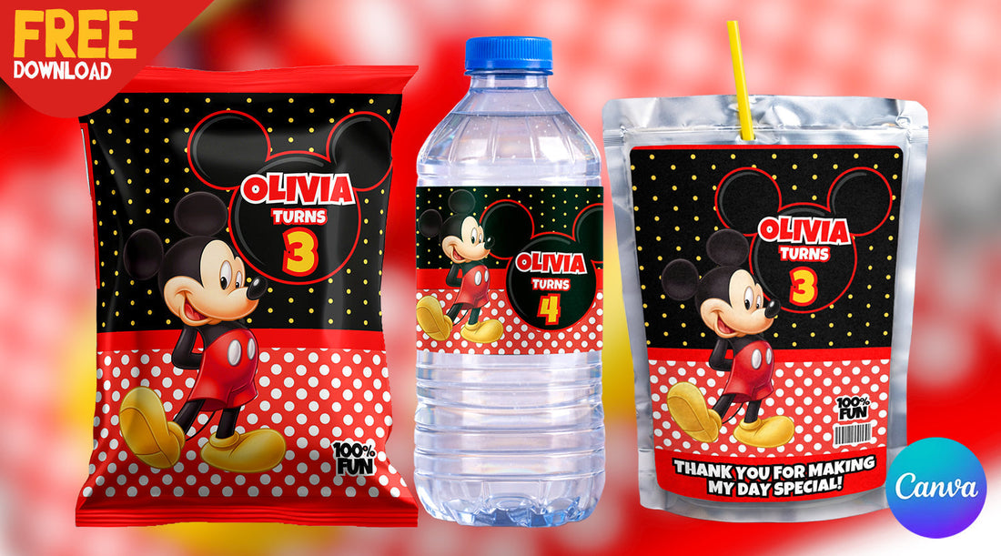 Free Mickey Mouse Birthday Party Favor Bundle Editable Canva Templates