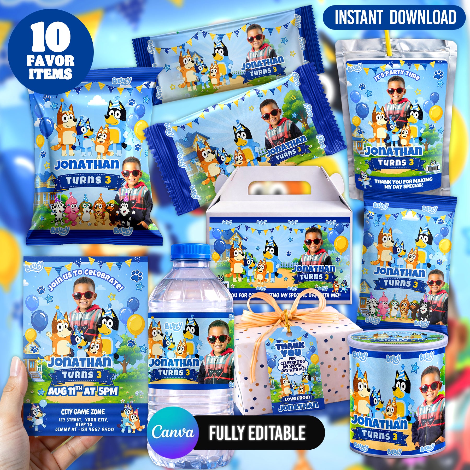 Blue Puppy Birthday Party Favor Bundle Canva Editable 10 Item Kids Party Kit Custom Photo Water Bottle Chip Bag Invitation Digital Download