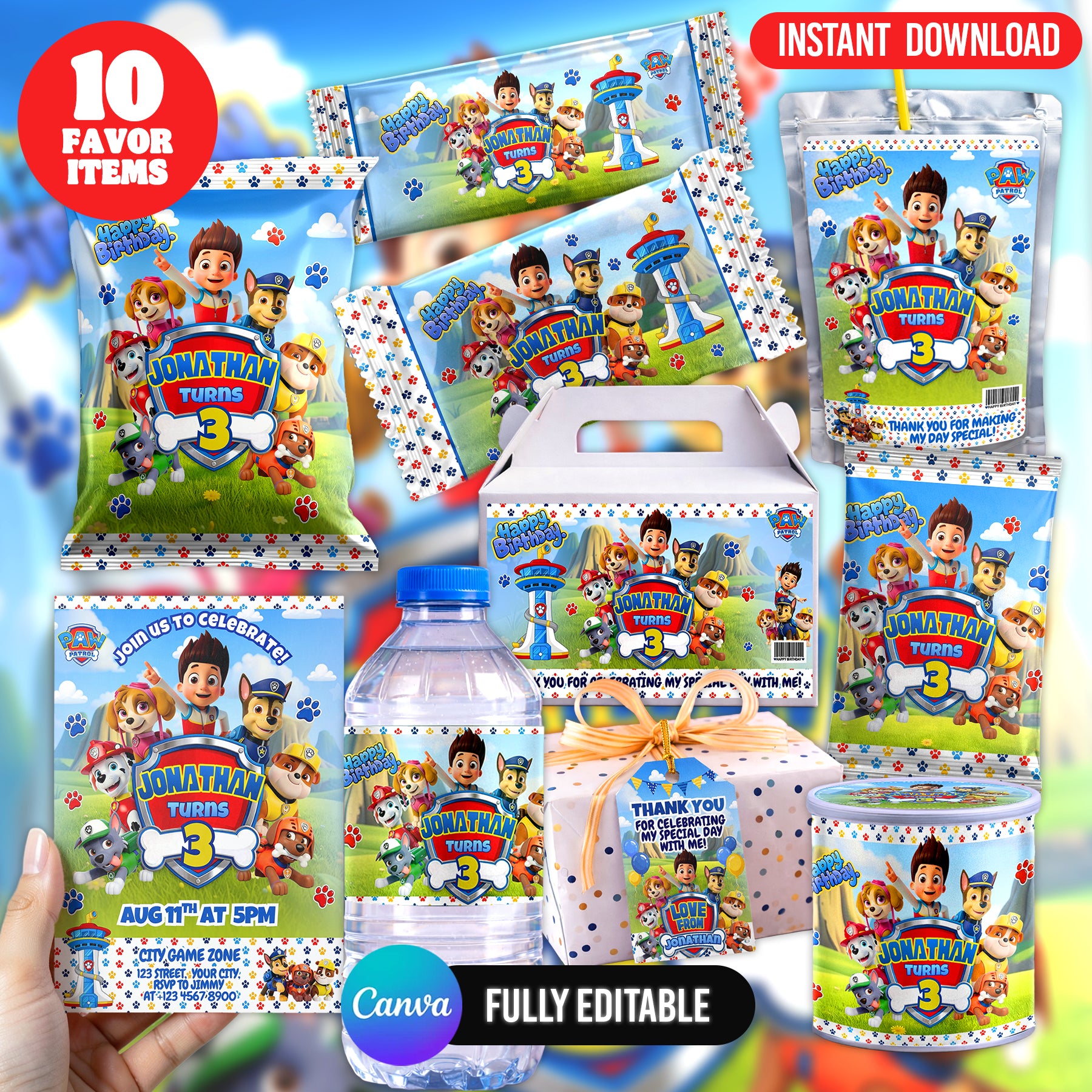 Puppy Rescue Birthday Party Favor Bundle Canva | Editable 10 Item Kids Party Kit