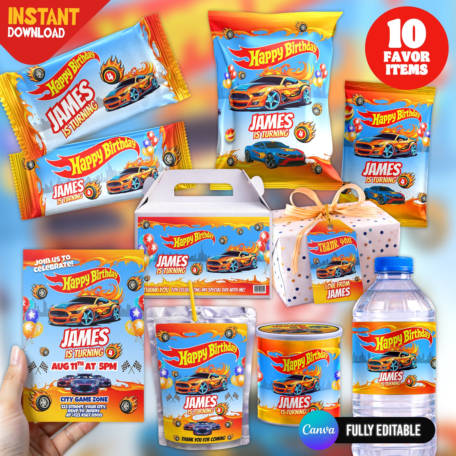 Racing Car Birthday Party Favor Bundle Canva | Editable 10 Item Car Party Kit