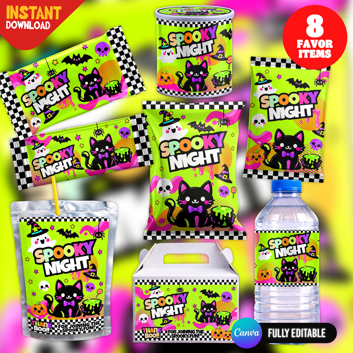 Create spooky Halloween treats with this editable Canva party favor bundle. Customize, download and print your Halloween party designs with PXGFX.