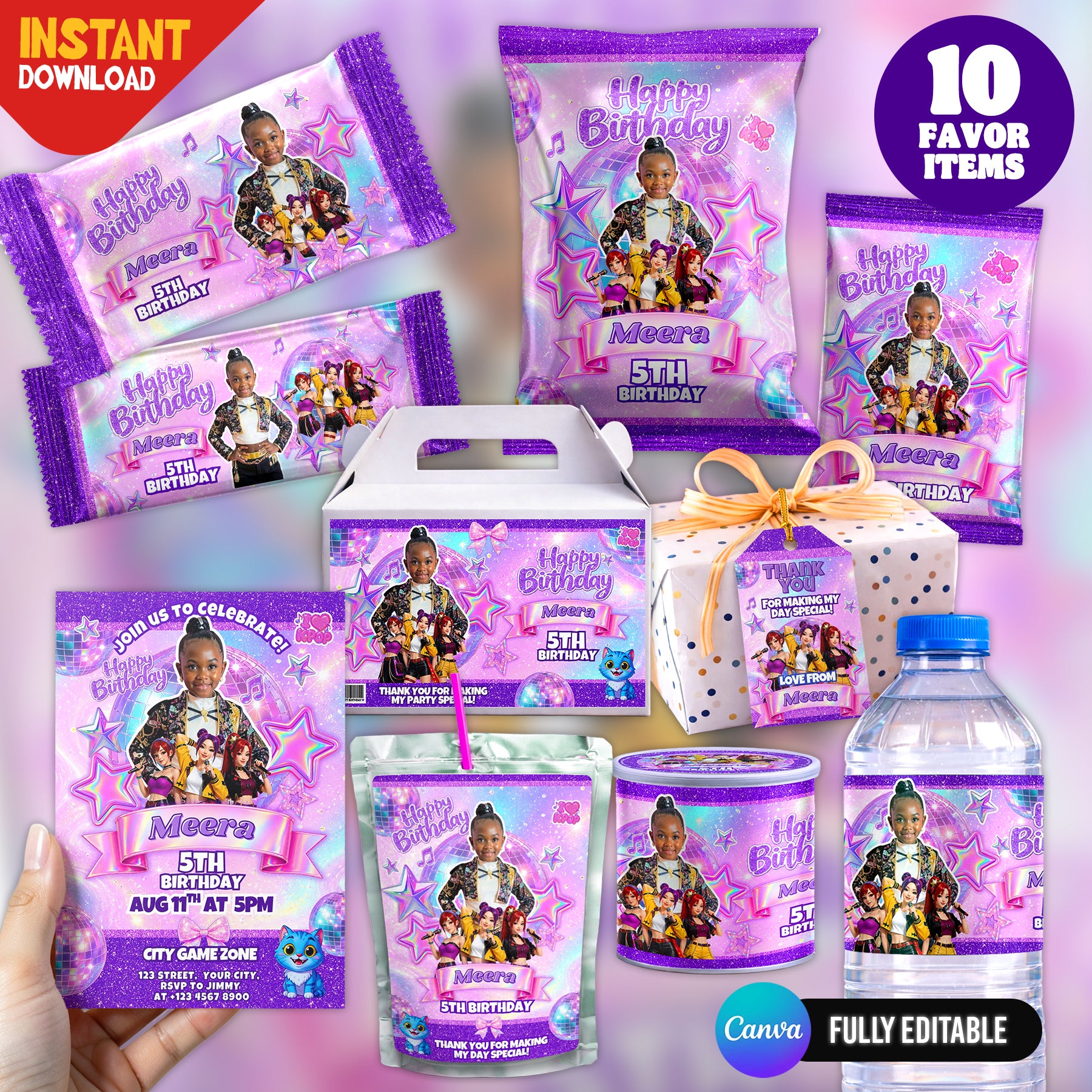 Kpop Theme Birthday Party Favor Bundle Canva | Editable 10 Item Purple Party Kit