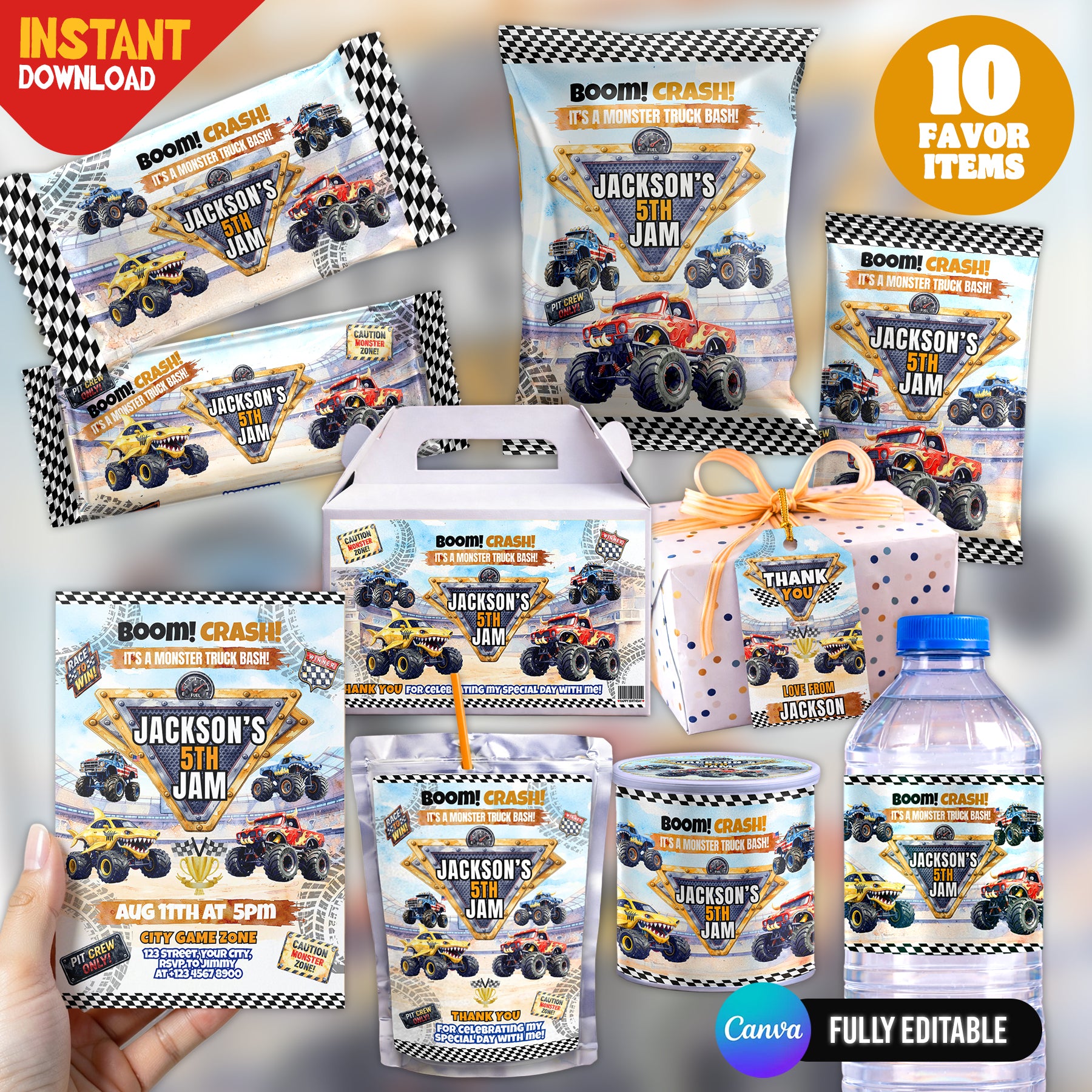 Monster Truck Bash Birthday Party Favor Bundle Canva 10 Item Boys Party Kit Arena Truck Water Bottle Chip Bag Invitation Instant Download