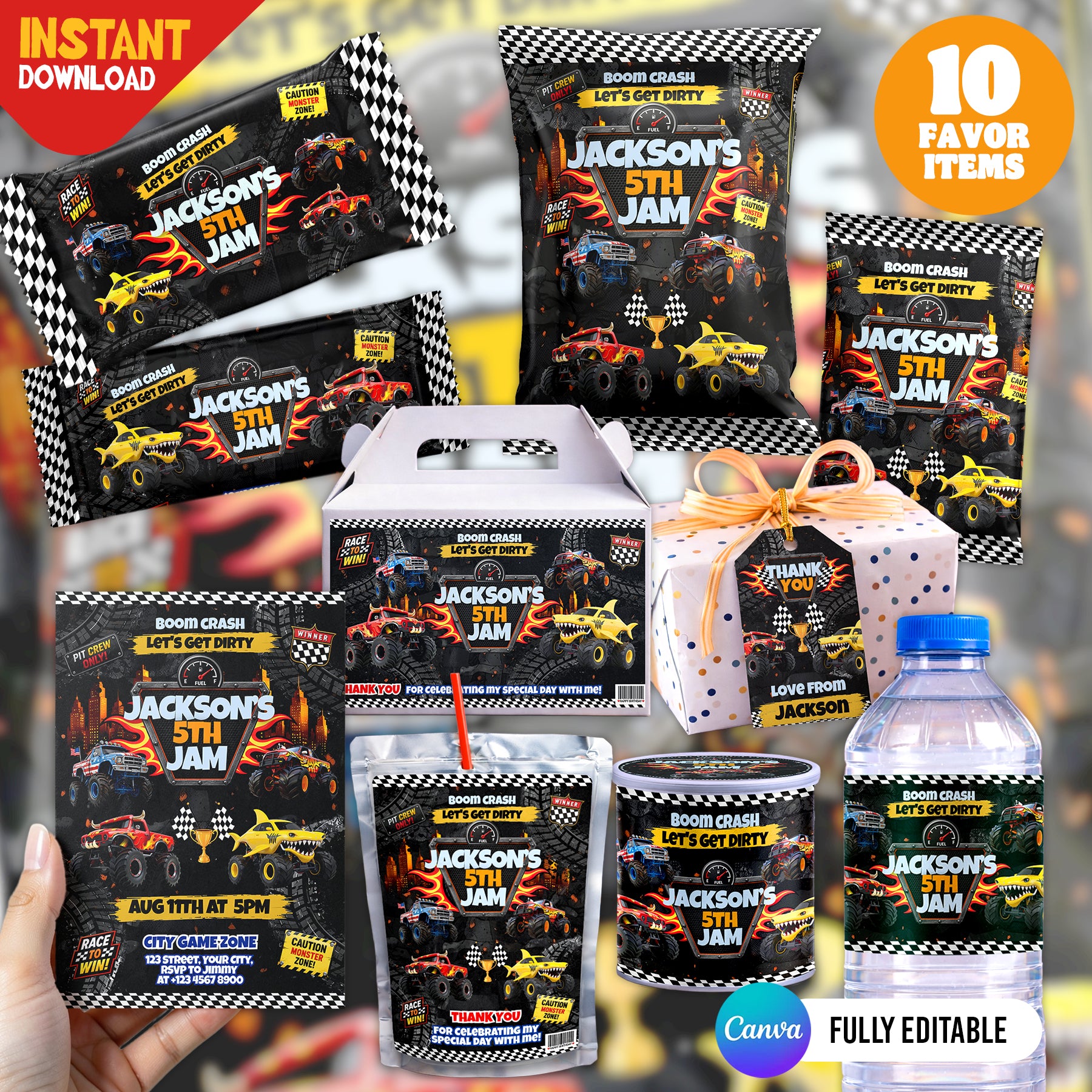 Monster Truck Birthday Party Favor Bundle Canva Editable 10 Item Boys Party Boom Crash Water Bottle Chip Bag Invitation Instant Download