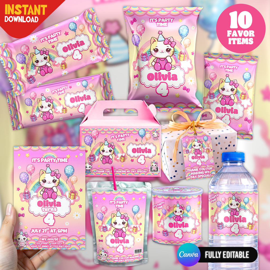 Kawaii Cat Birthday Party Favor Bundle Canva Editable 10 Item Pink Girls Party Cute Cat Water Bottle Chip Bag Invitation Instant Download