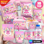 Kawaii Cat Birthday Party Favor Bundle Canva Editable 10 Item Pink Girls Party Cute Cat Water Bottle Chip Bag Invitation Instant Download