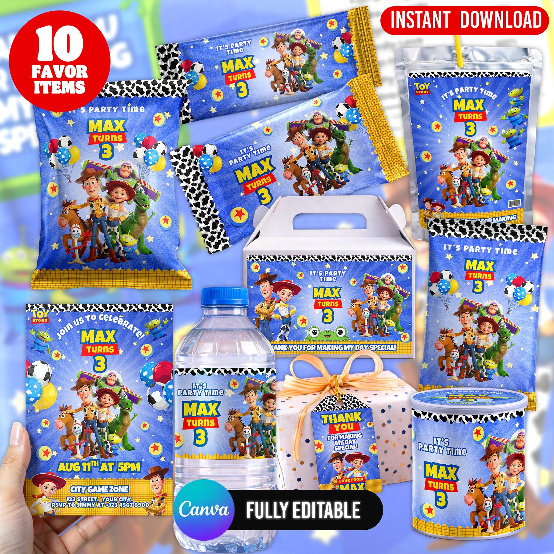 Space Cowboy Birthday Party Favor Bundle Canva | Editable 10 Item Kids Party Kit