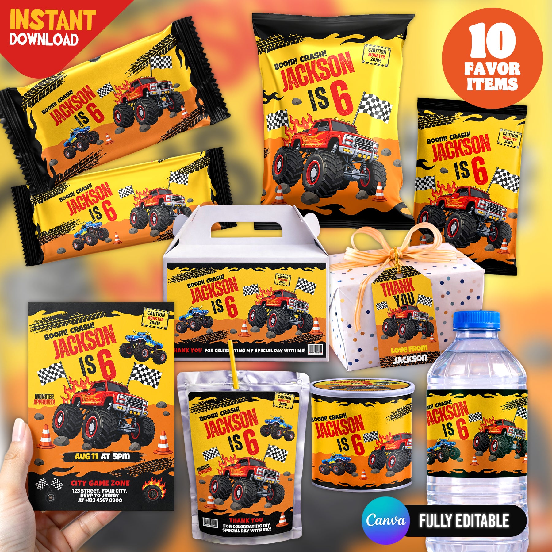Monster Truck Bash Birthday Party Favor Bundle Canva 10 Item