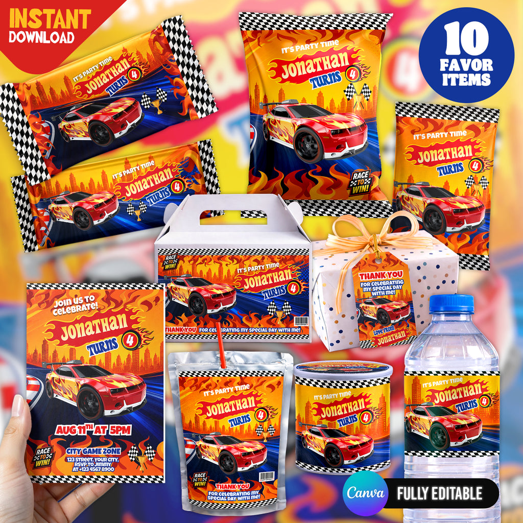Race Car Birthday Party Favor Bundle Template | Editable Canva Racing Party Printables | 10 Favor Items | Kids Birthday Decorations