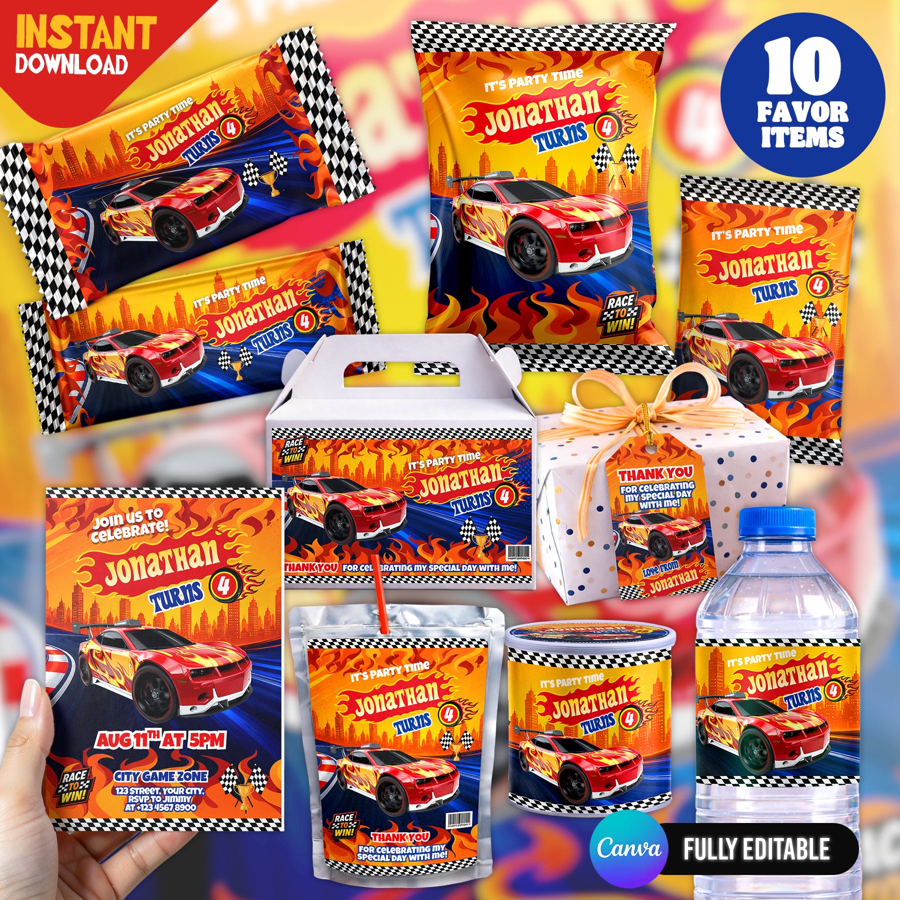 Race Car Birthday Party Favor Bundle Template | Editable Canva Racing Party Printables | 10 Favor Items | Kids Birthday Decorations