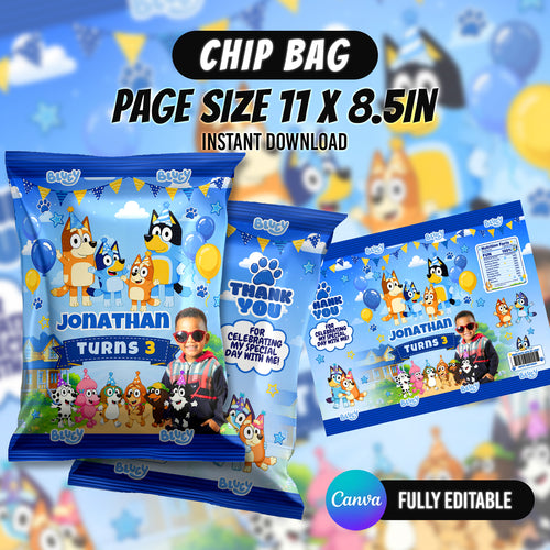Blue Puppy Birthday Party Favor Bundle Canva Editable 10 Item Kids Party Kit Custom Photo Water Bottle Chip Bag Invitation Digital Download