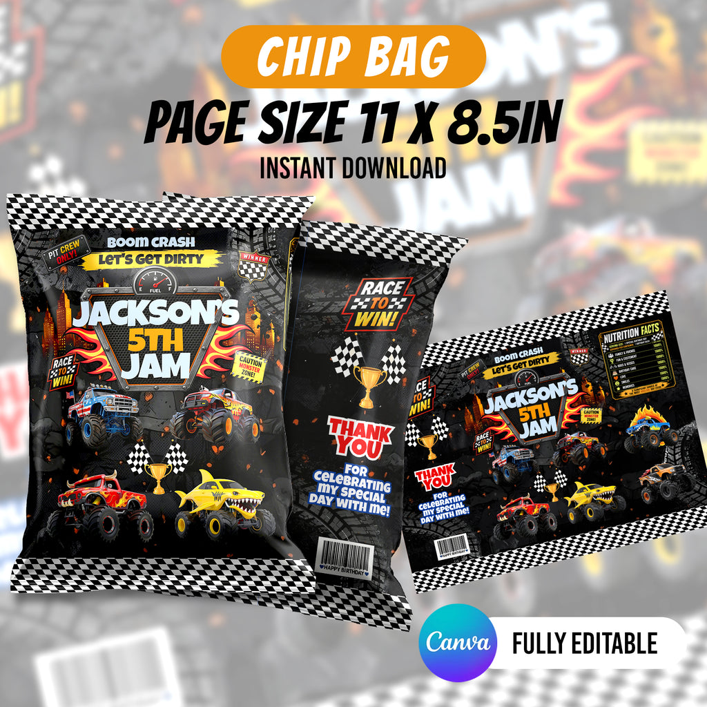 Monster Truck Birthday Party Favor Bundle Canva Editable 10 Item Boys Party Boom Crash Water Bottle Chip Bag Invitation Instant Download