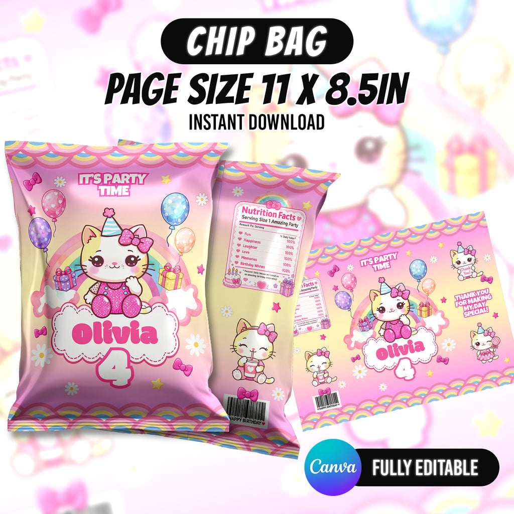 Kawaii Cat Birthday Party Favor Bundle Canva Editable 10 Item Pink Girls Party Cute Cat Water Bottle Chip Bag Invitation Instant Download