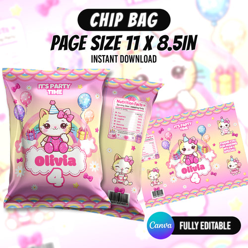 Kawaii Cat Birthday Party Favor Bundle Canva Editable 10 Item Pink Girls Party Cute Cat Water Bottle Chip Bag Invitation Instant Download