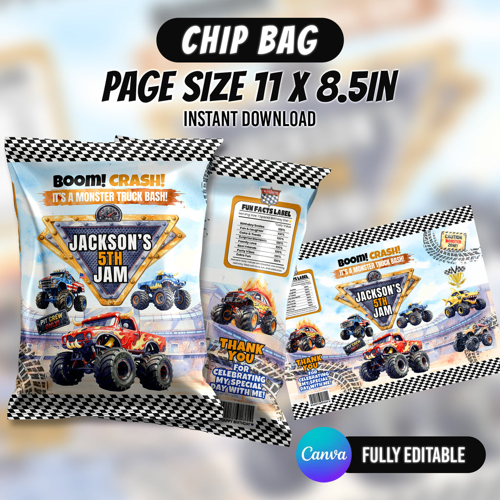 Monster Truck Bash Birthday Party Favor Bundle Canva 10 Item Boys Party Kit Arena Truck Water Bottle Chip Bag Invitation Instant Download