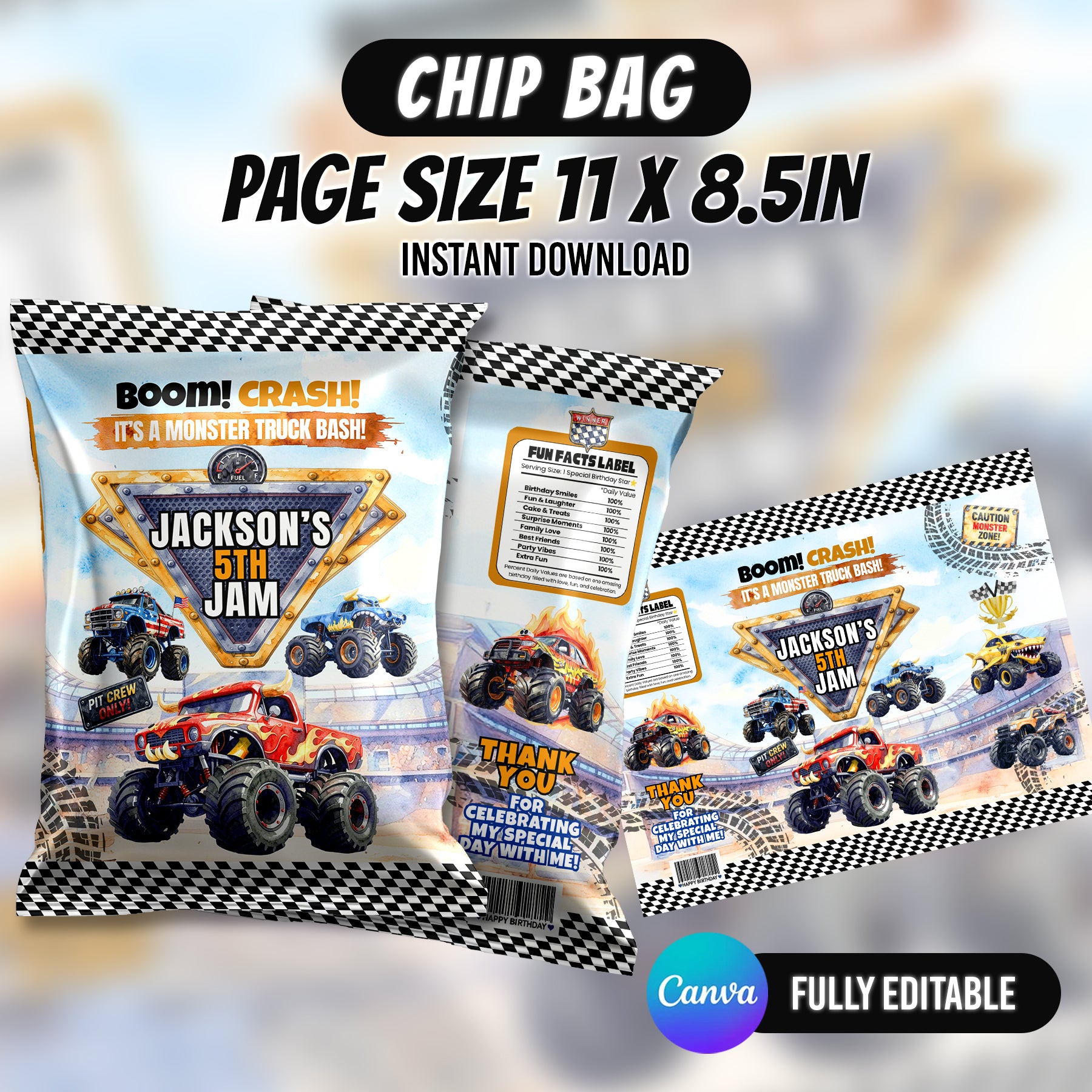Monster Truck Bash Birthday Party Favor Bundle Canva 10 Item Boys Party Kit Arena Truck Water Bottle Chip Bag Invitation Instant Download