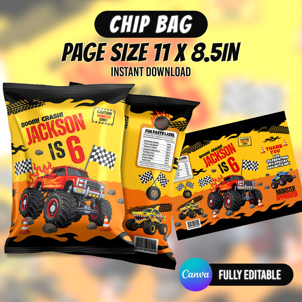 Monster Truck Bash Birthday Party Favor Bundle Canva 10 Item