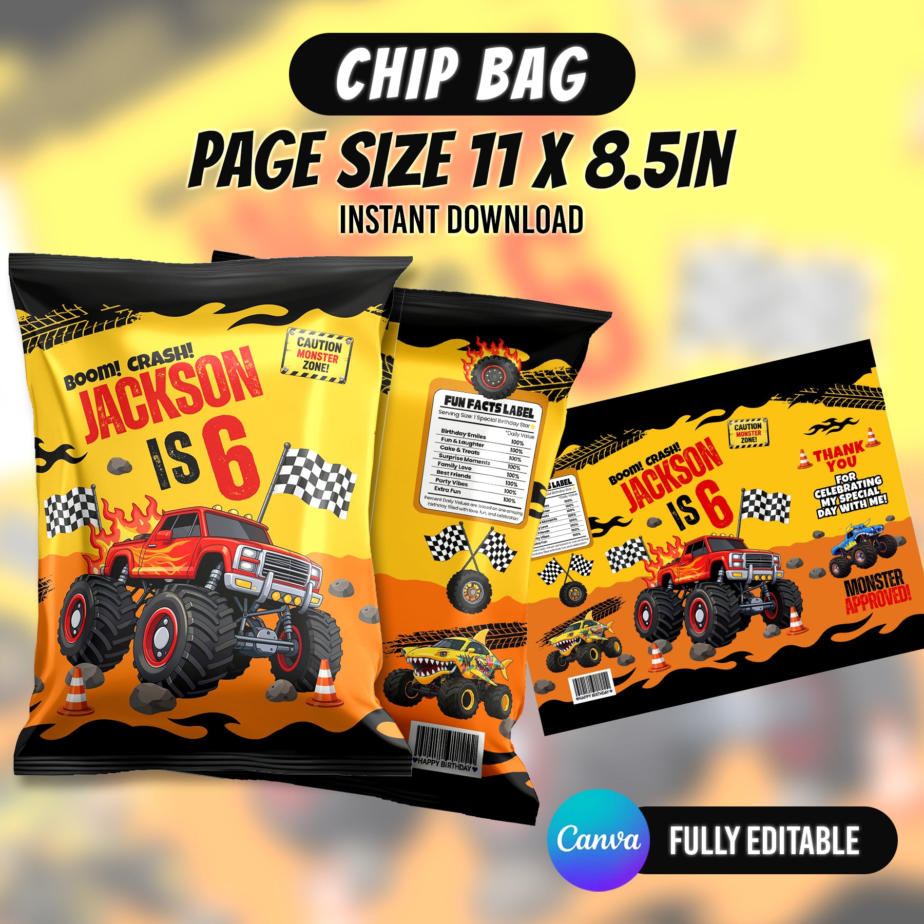 Monster Truck Bash Birthday Party Favor Bundle Canva 10 Item