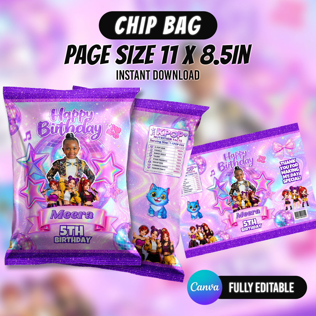 Kpop Theme Birthday Party Favor Bundle Canva | Editable 10 Item Purple Party Kit