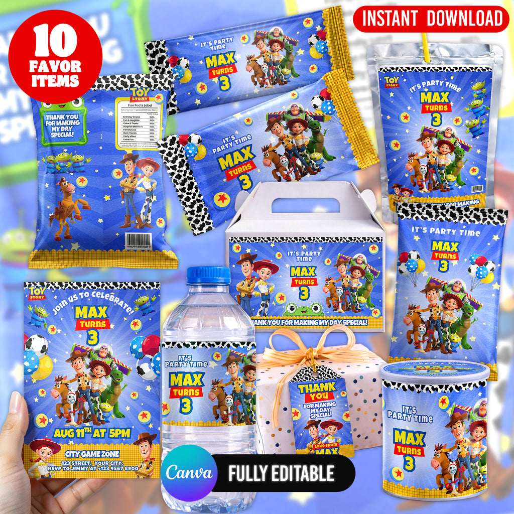 Space Cowboy Birthday Party Favor Bundle Canva | Editable 10 Item Kids Party Kit
