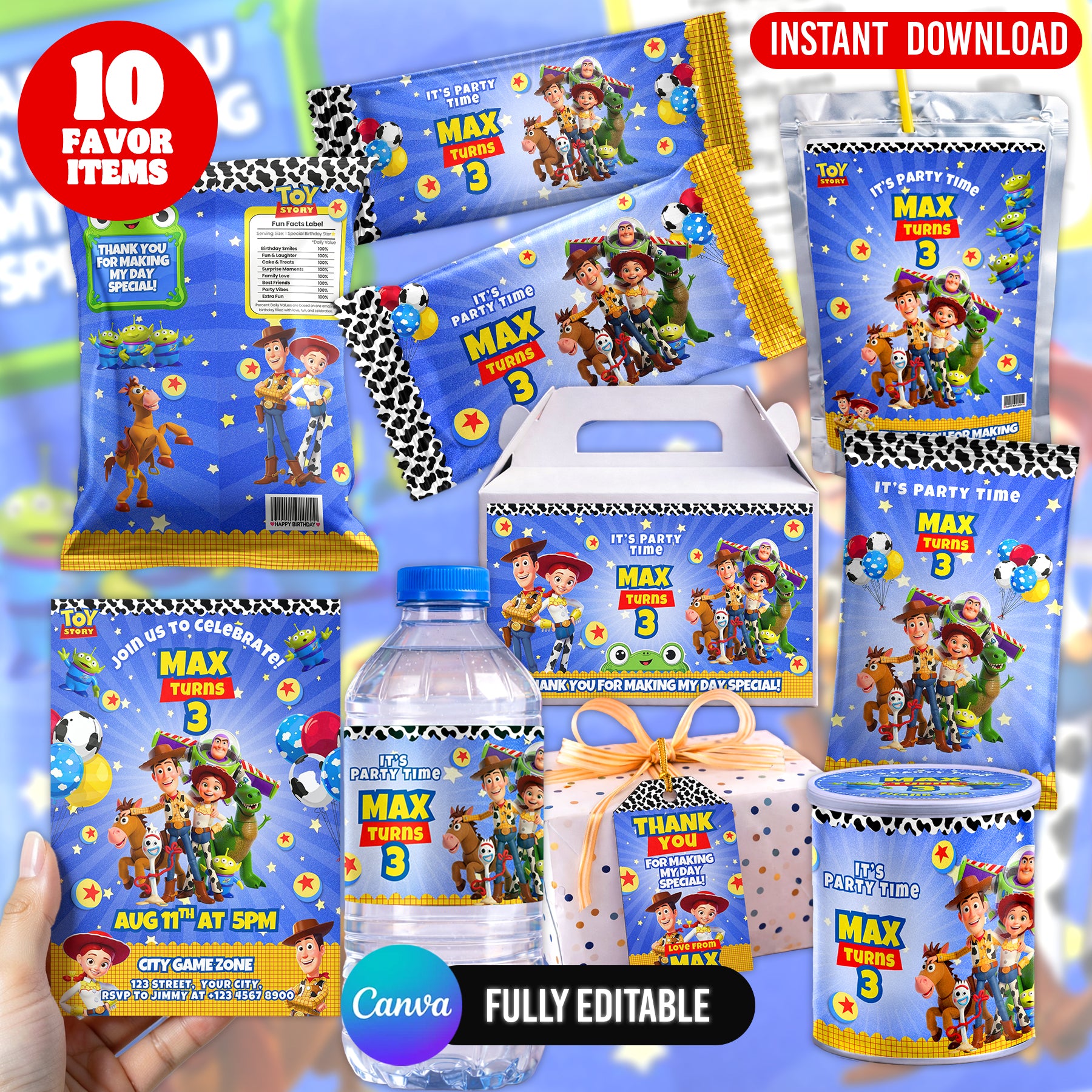 Space Cowboy Birthday Party Favor Bundle Canva | Editable 10 Item Kids Party Kit