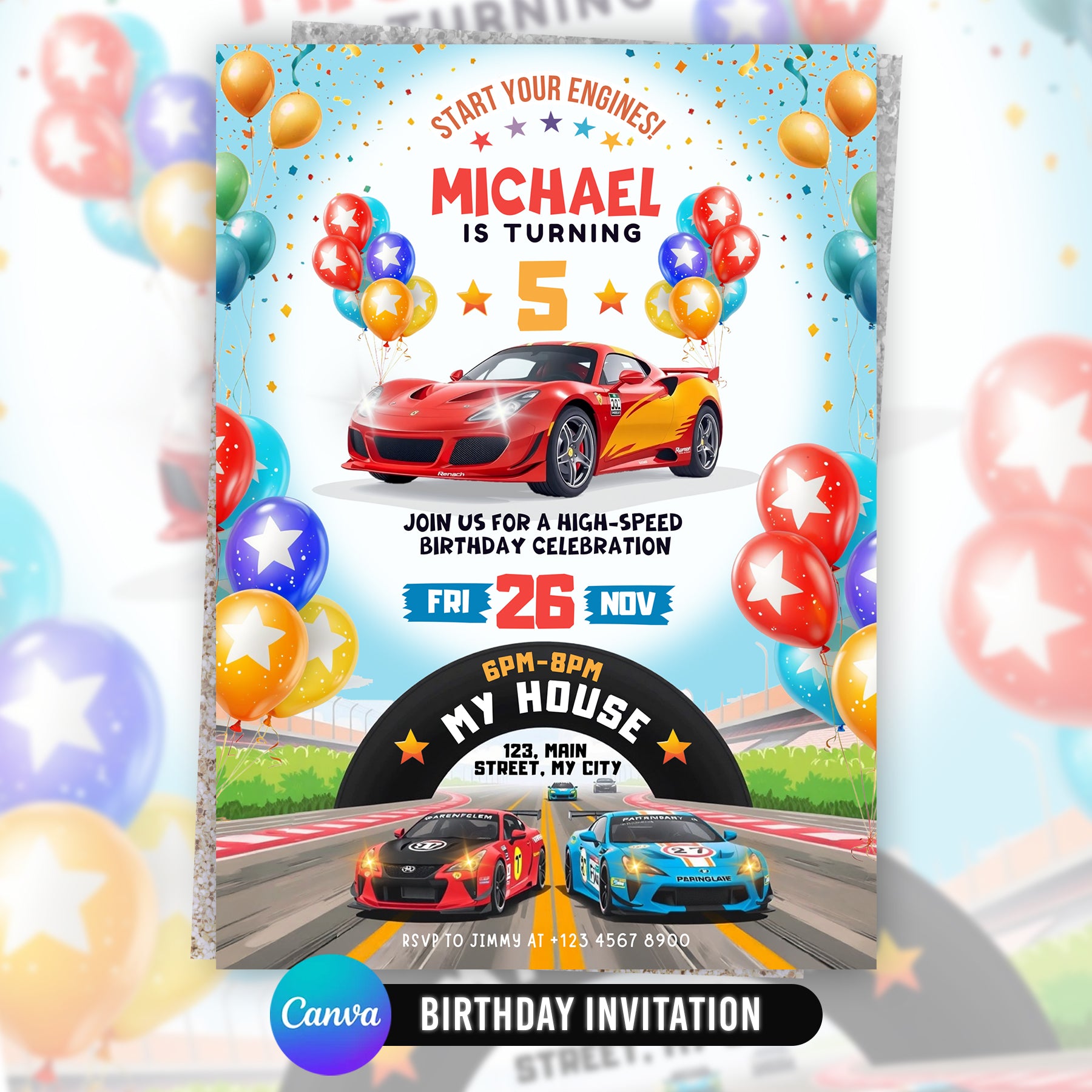 Racing Car Birthday Invitation Canva Editable Race Car Birthday Party Invite