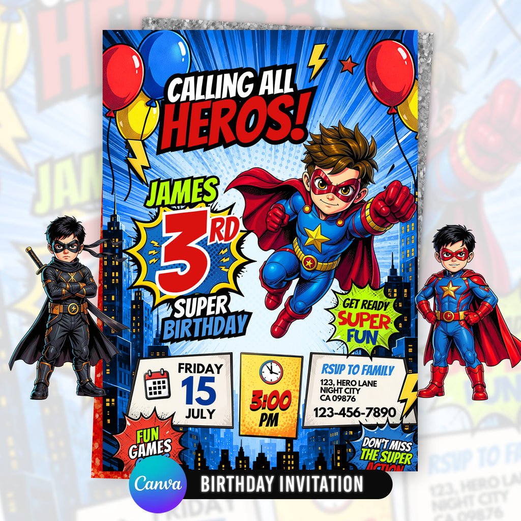 Superhero Birthday Invitation Canva Template | Editable Calling All HerBoy Birthday Invite | Cooes mic Style Party Card | Instant Download
