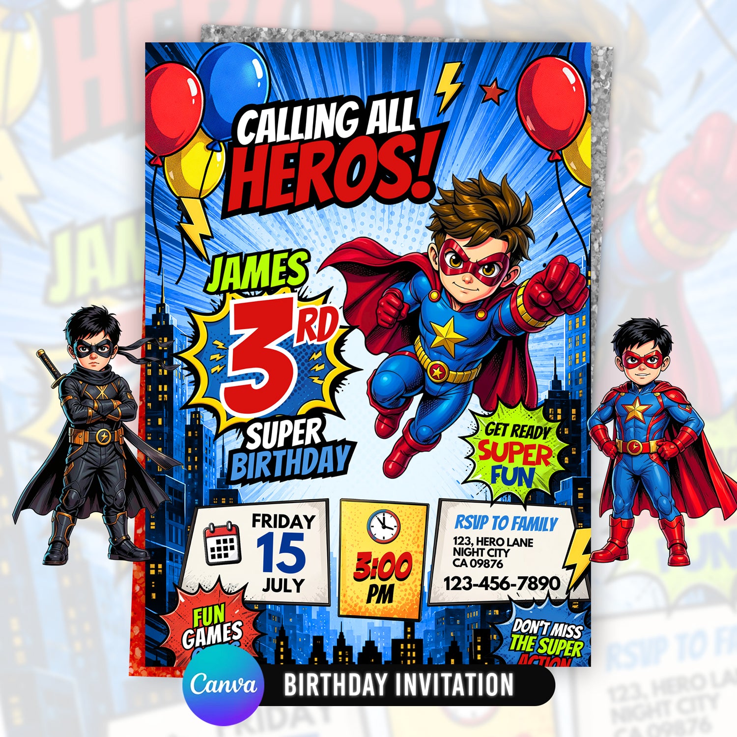 Superhero Birthday Invitation Canva Template | Editable Calling All HerBoy Birthday Invite | Cooes mic Style Party Card | Instant Download