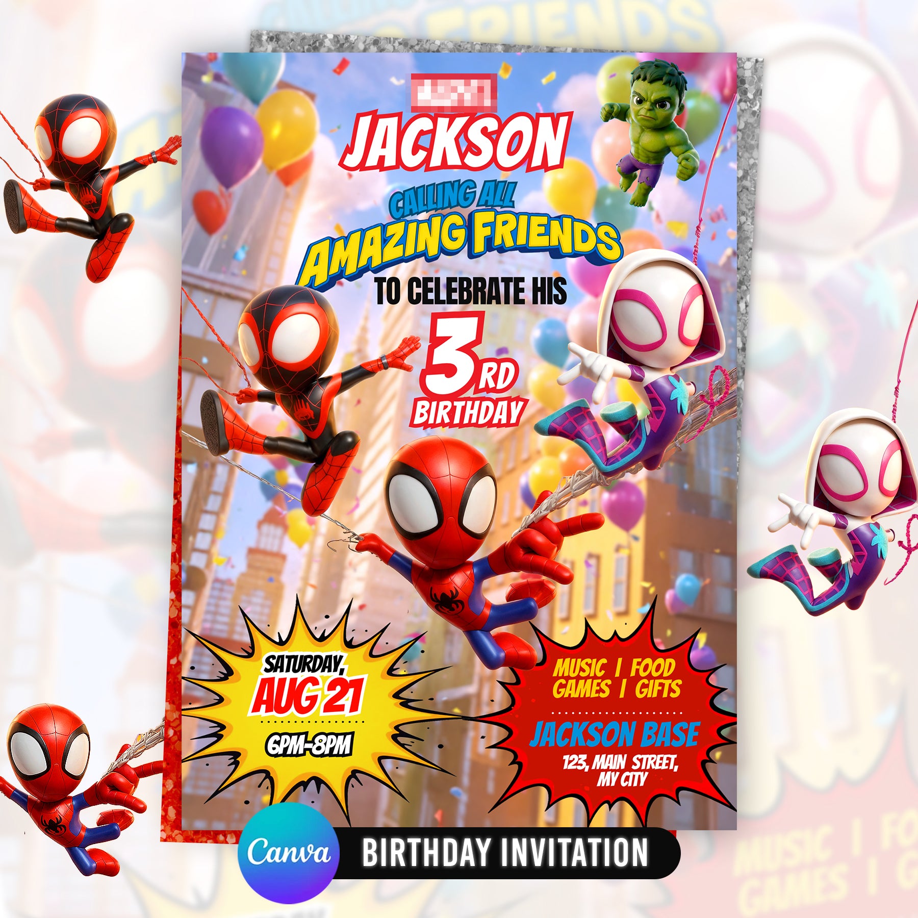 Spidey Superhero Birthday Invitation Canva Template | Editable Web Hero Kids Party Invite | Amazing Friends Birthday Card | Digital Download