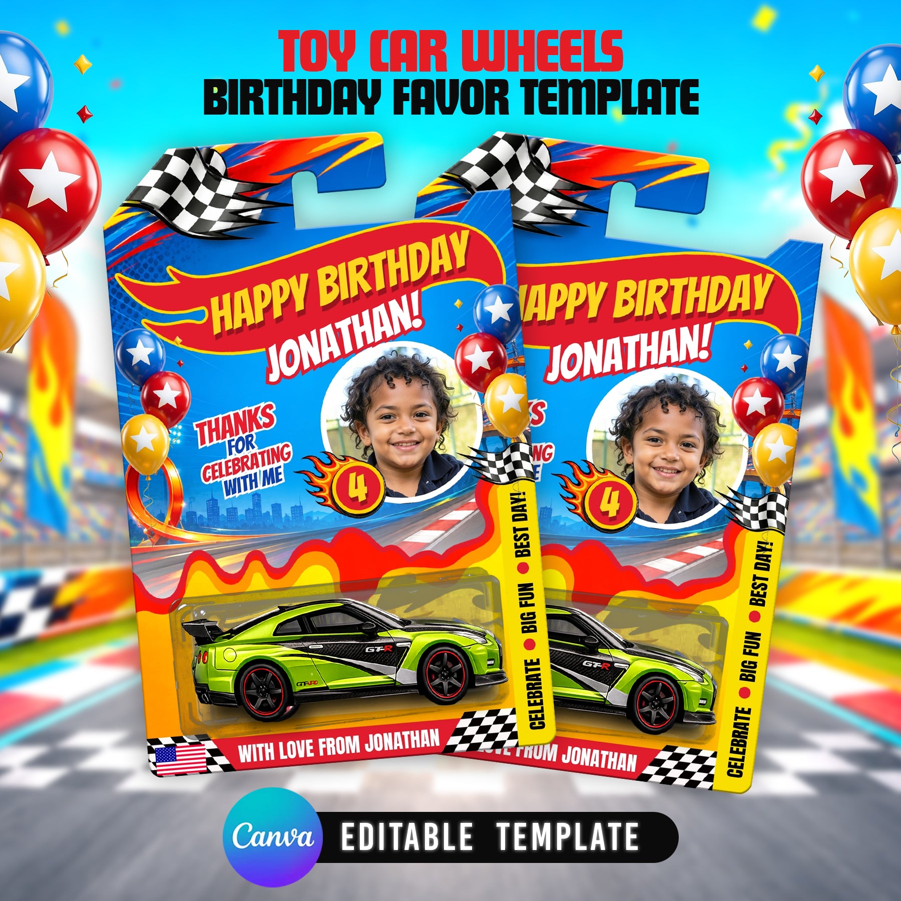 Kids Birthday Toy Car Favor Template Canva Editable Racing Car Party Favor
