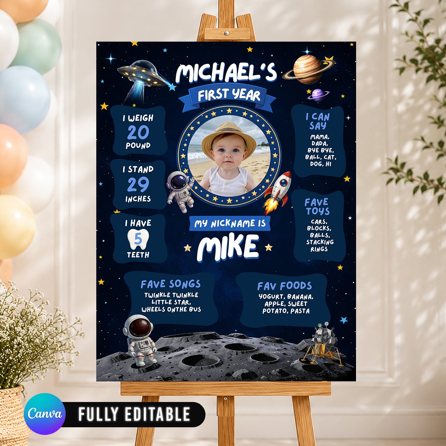 Space 1st Birthday Milestone Board Canva Template 3 Sizes Included Editable Outer Space Baby First Year Sign Poster |