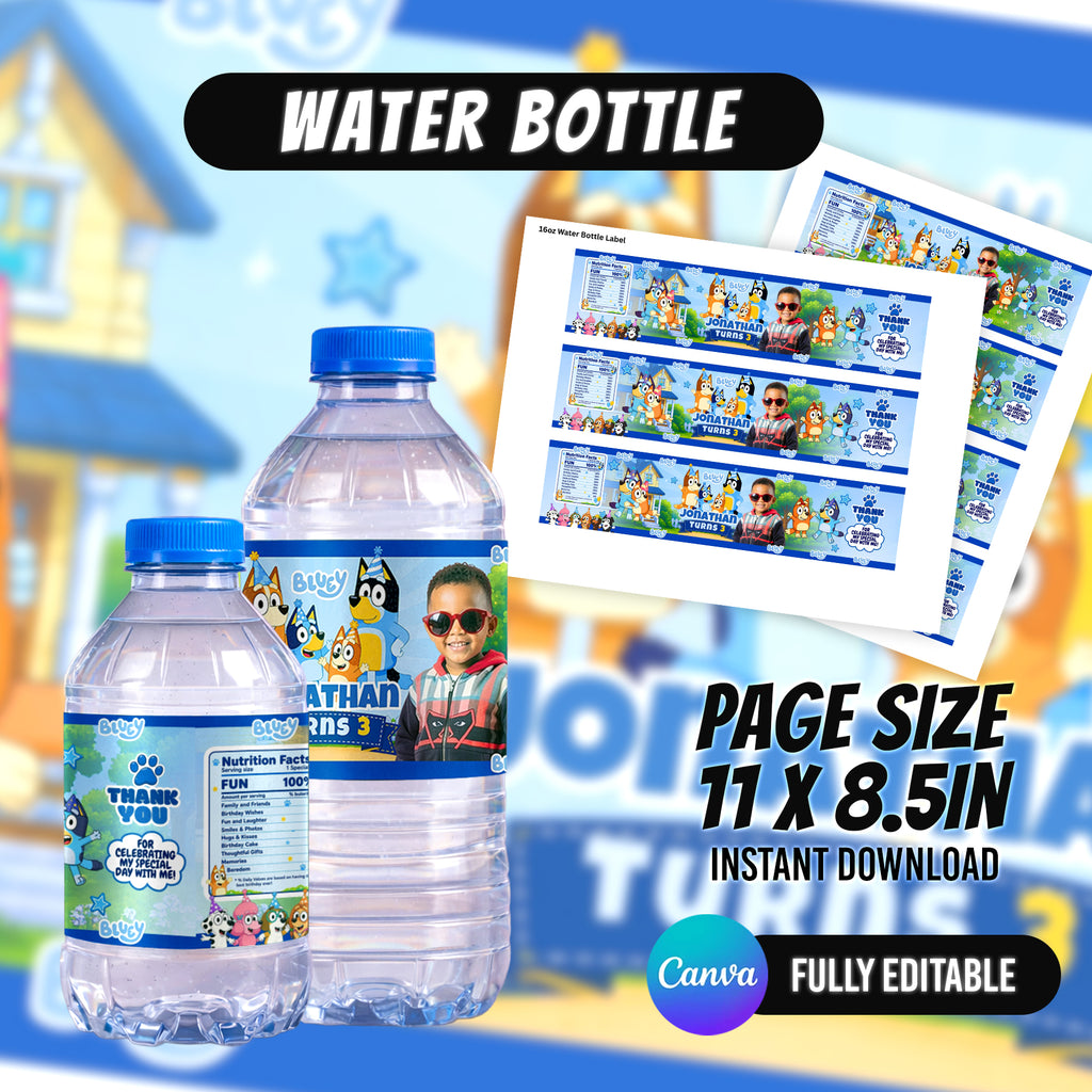 Blue Puppy Birthday Party Favor Bundle Canva Editable 10 Item Kids Party Kit Custom Photo Water Bottle Chip Bag Invitation Digital Download