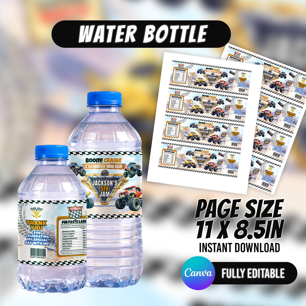 Monster Truck Bash Birthday Party Favor Bundle Canva 10 Item Boys Party Kit Arena Truck Water Bottle Chip Bag Invitation Instant Download