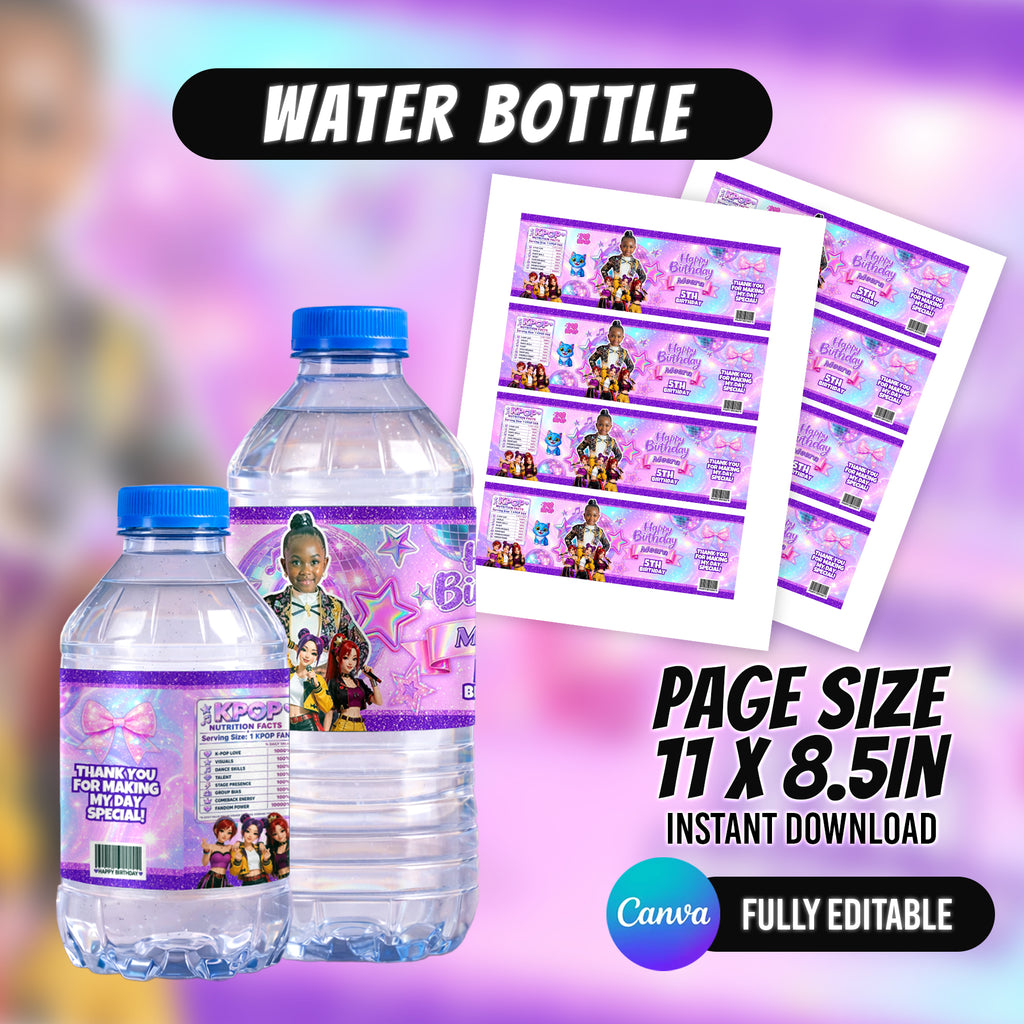 Kpop Theme Birthday Party Favor Bundle Canva | Editable 10 Item Purple Party Kit