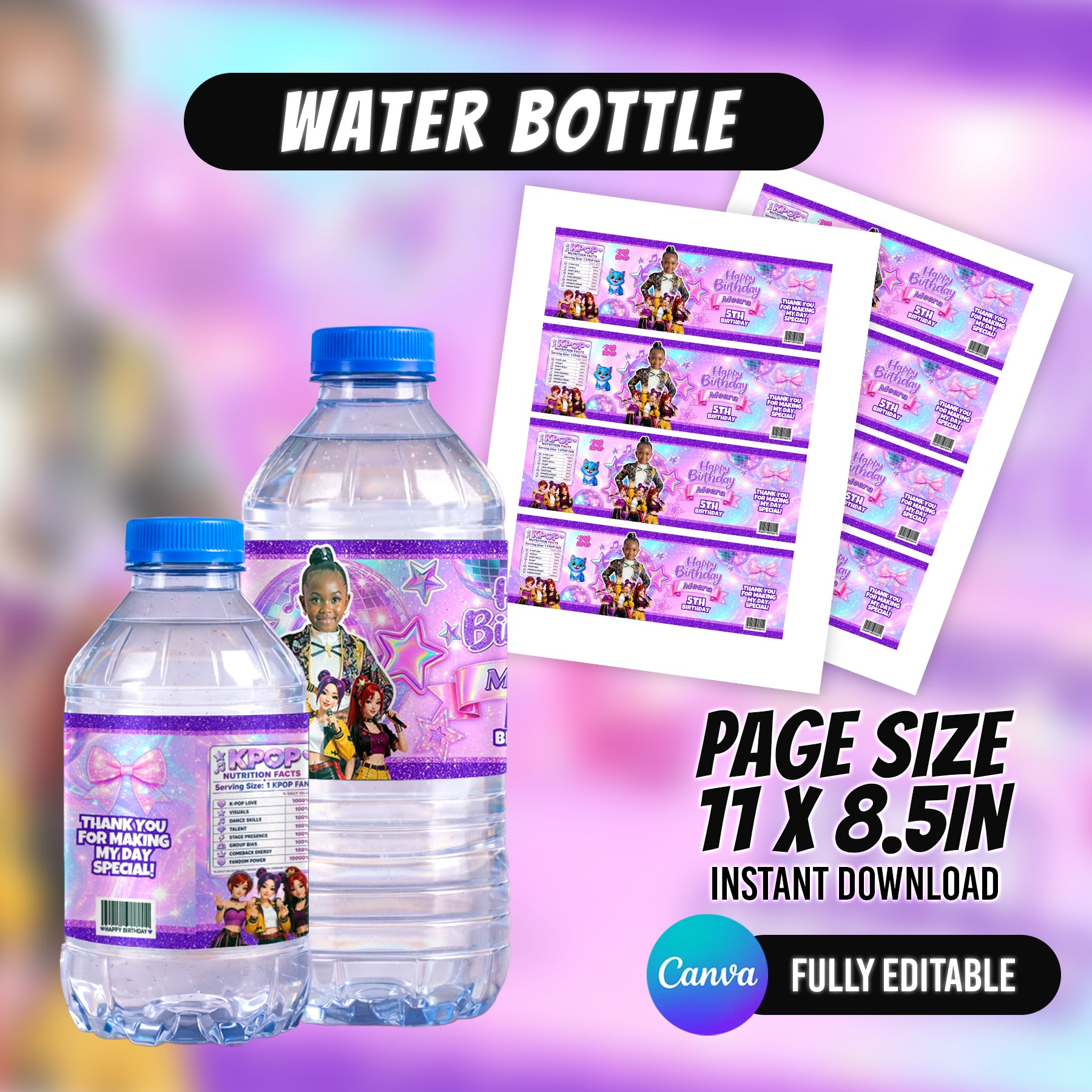 Kpop Theme Birthday Party Favor Bundle Canva | Editable 10 Item Purple Party Kit