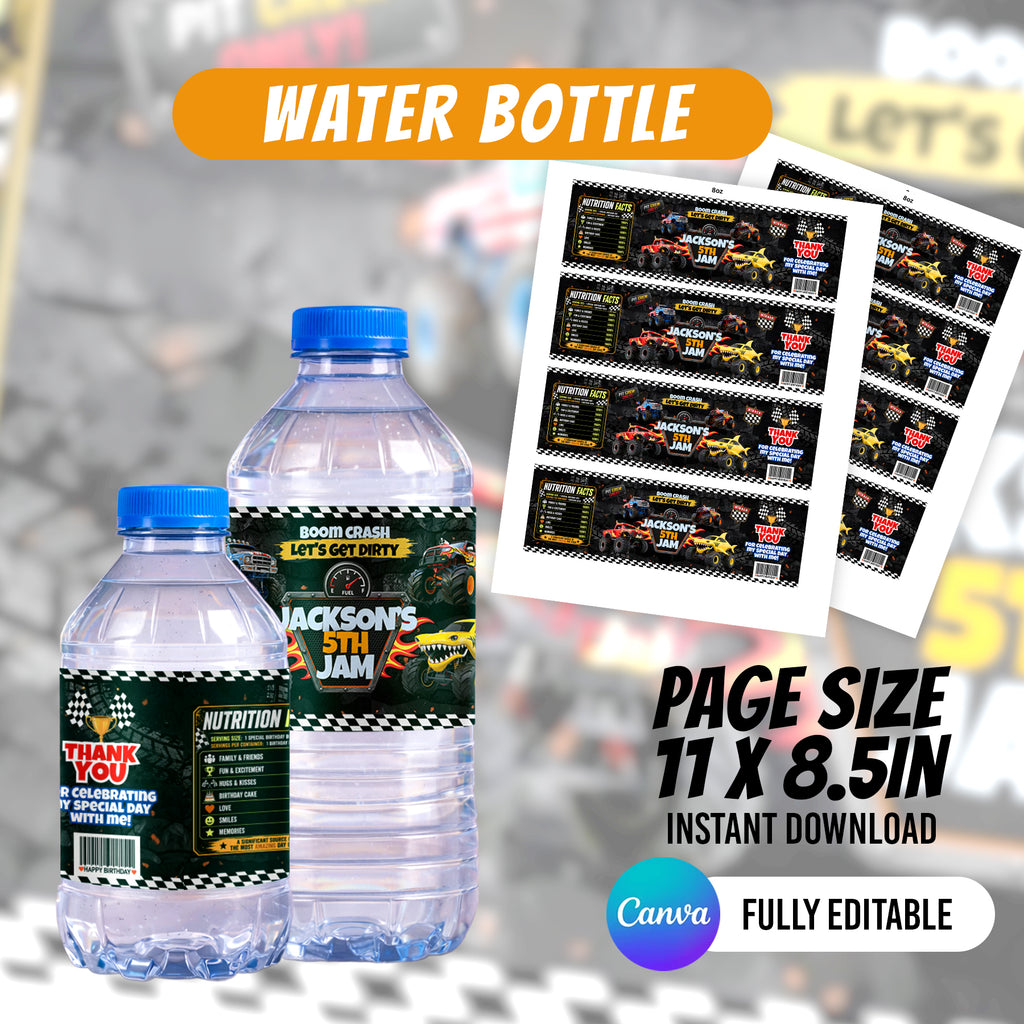 Monster Truck Birthday Party Favor Bundle Canva Editable 10 Item Boys Party Boom Crash Water Bottle Chip Bag Invitation Instant Download