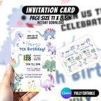 Dinosaur Birthday Party Invitation Canva Template Editable Cute Dino Kids Birthday Invite Card