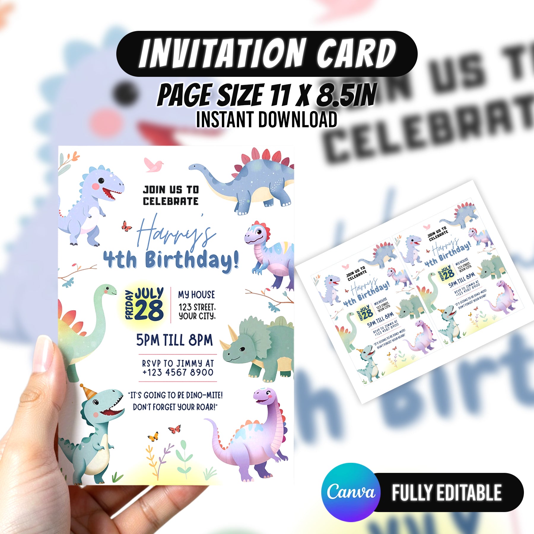 Dinosaur Birthday Party Invitation Canva Template Editable Cute Dino Kids Birthday Invite Card