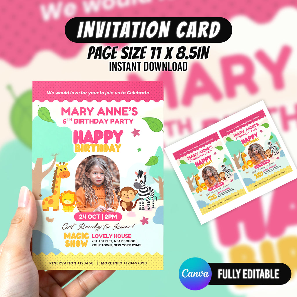 Zoo Birthday Invitation Canva | Editable Safari Animal Birthday Party Invite
