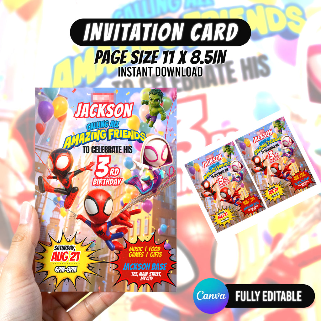 Spidey Superhero Birthday Invitation Canva Template | Editable Web Hero Kids Party Invite | Amazing Friends Birthday Card | Digital Download