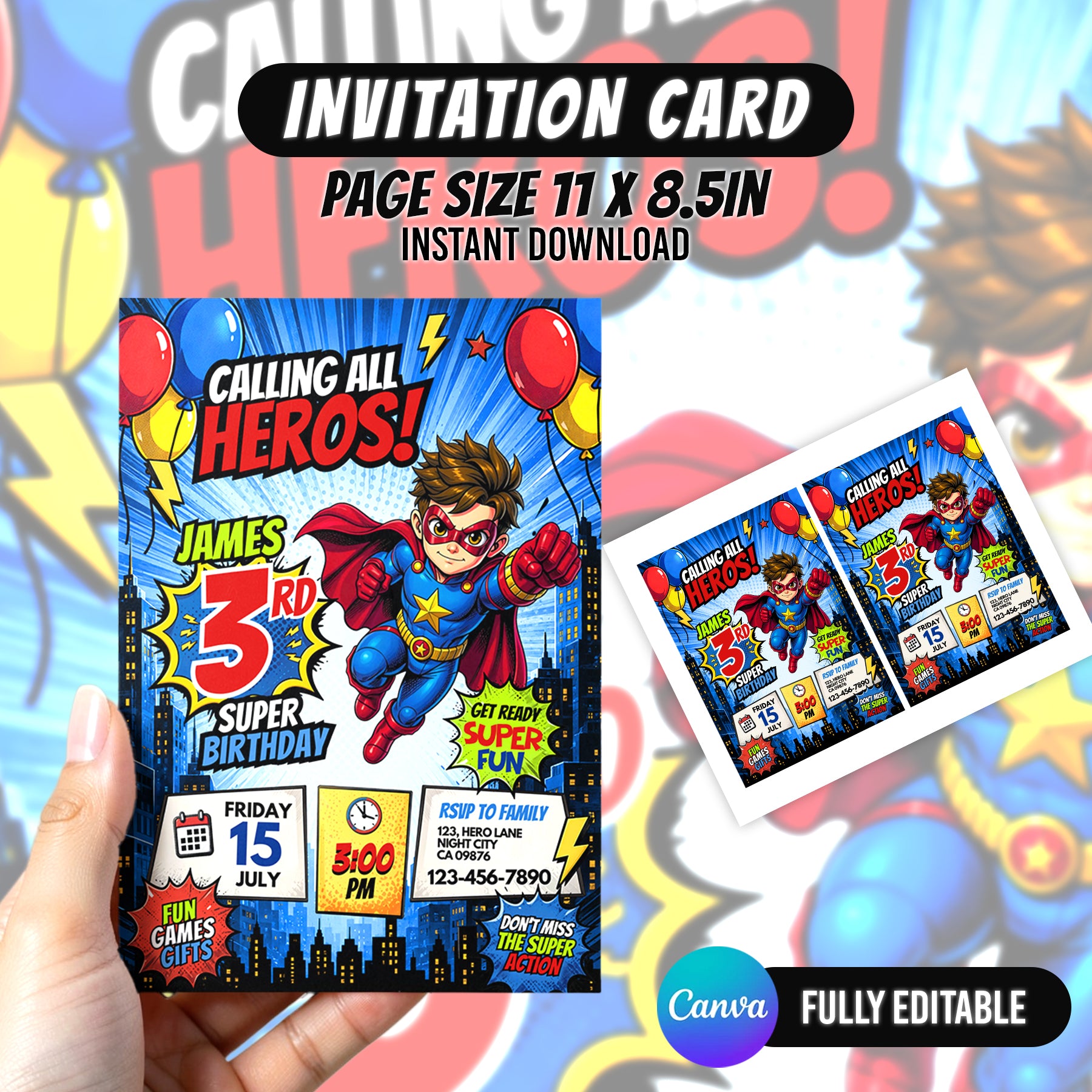 Superhero Birthday Invitation Canva Template | Editable Calling All HerBoy Birthday Invite | Cooes mic Style Party Card | Instant Download