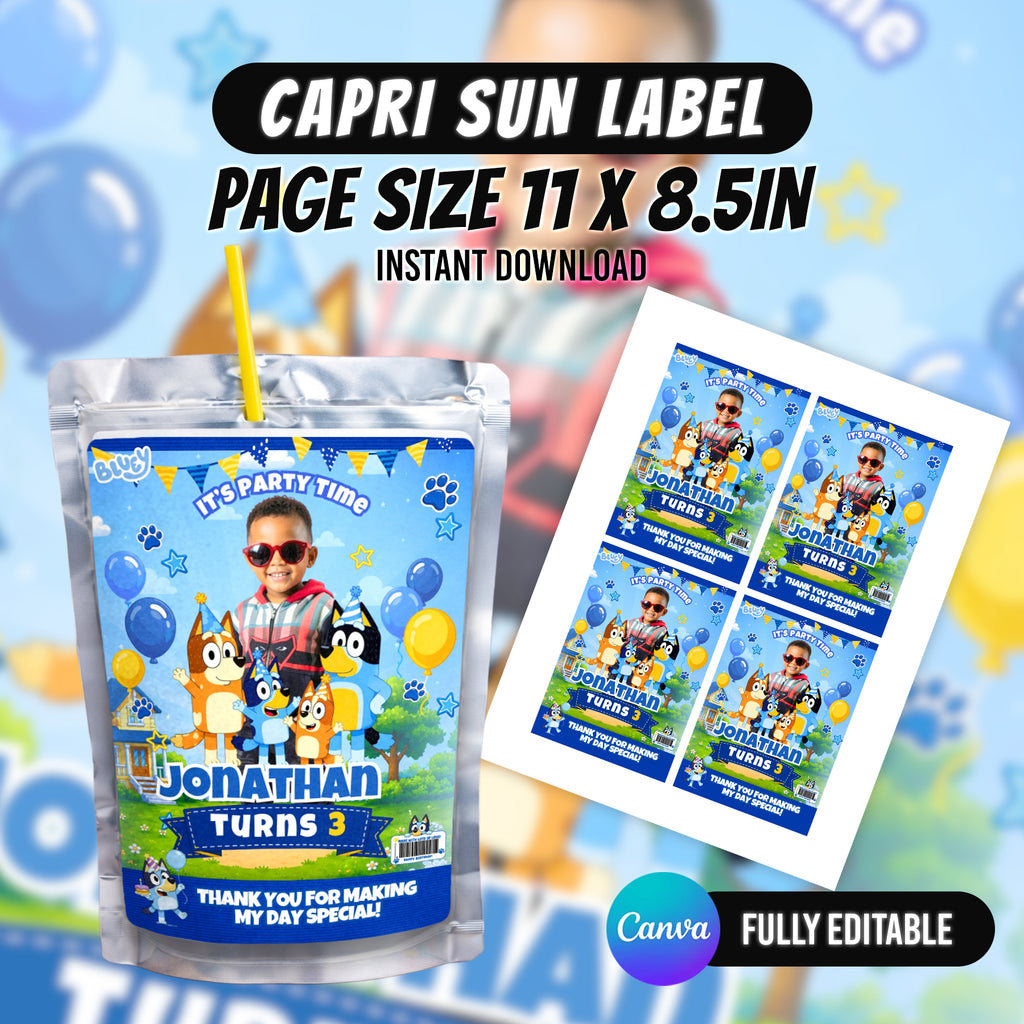 Blue Puppy Birthday Party Favor Bundle Canva Editable 10 Item Kids Party Kit Custom Photo Water Bottle Chip Bag Invitation Digital Download