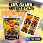 Monster Truck Bash Birthday Party Favor Bundle Canva 10 Item