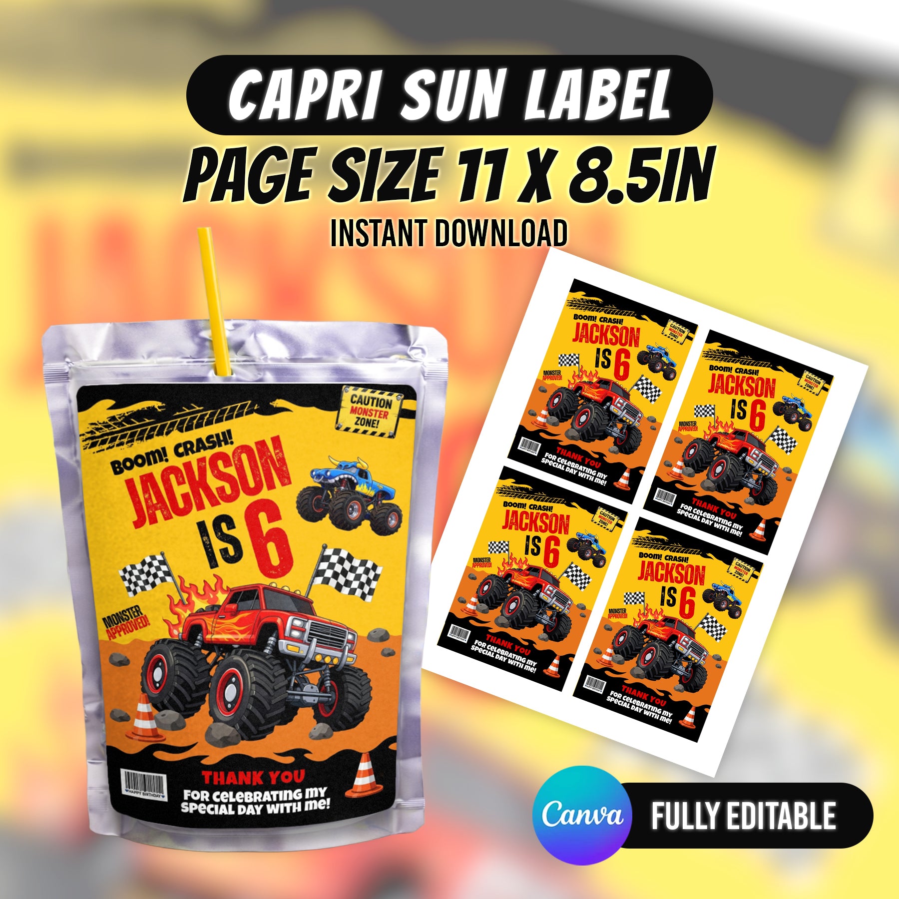 Monster Truck Bash Birthday Party Favor Bundle Canva 10 Item