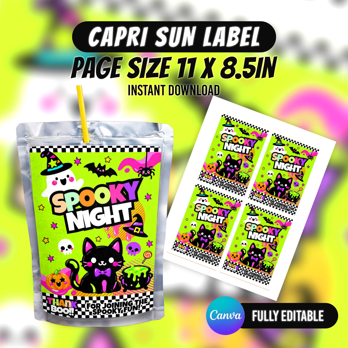 Create spooky Halloween treats with this editable Canva party favor bundle. Customize, download and print your Halloween party designs with PXGFX.