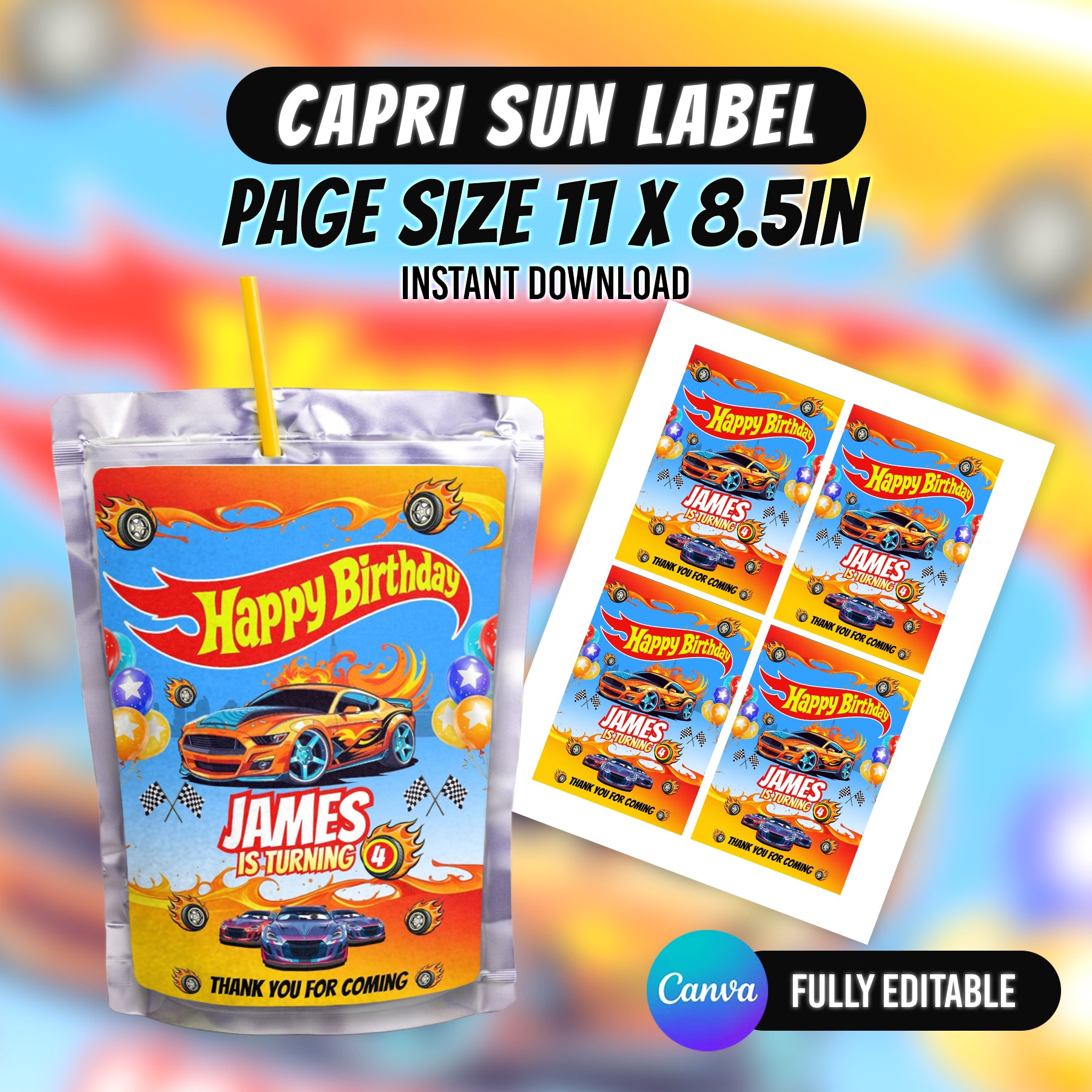 Racing Car Birthday Party Favor Bundle Canva | Editable 10 Item Car Party Kit
