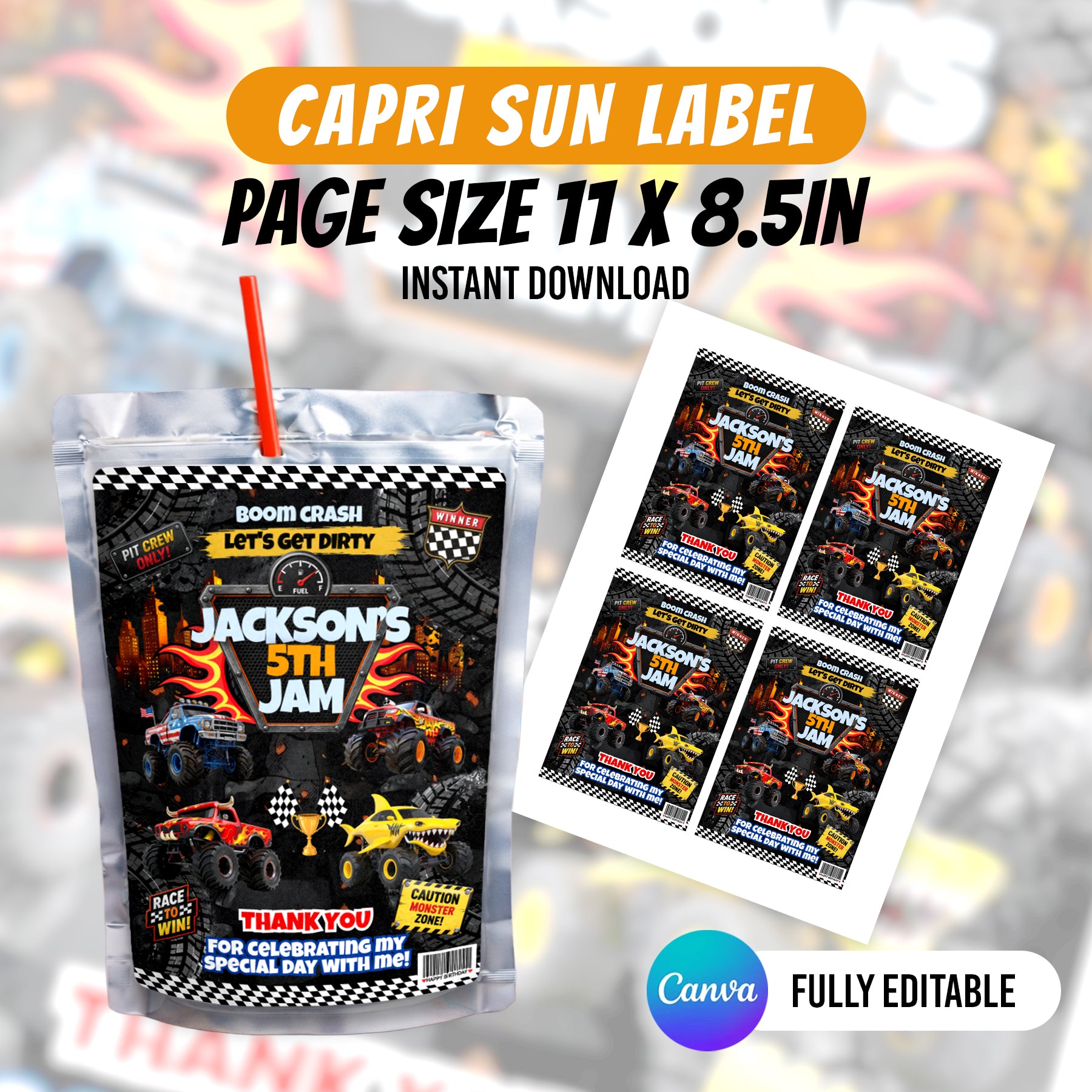 Monster Truck Birthday Party Favor Bundle Canva Editable 10 Item Boys Party Boom Crash Water Bottle Chip Bag Invitation Instant Download