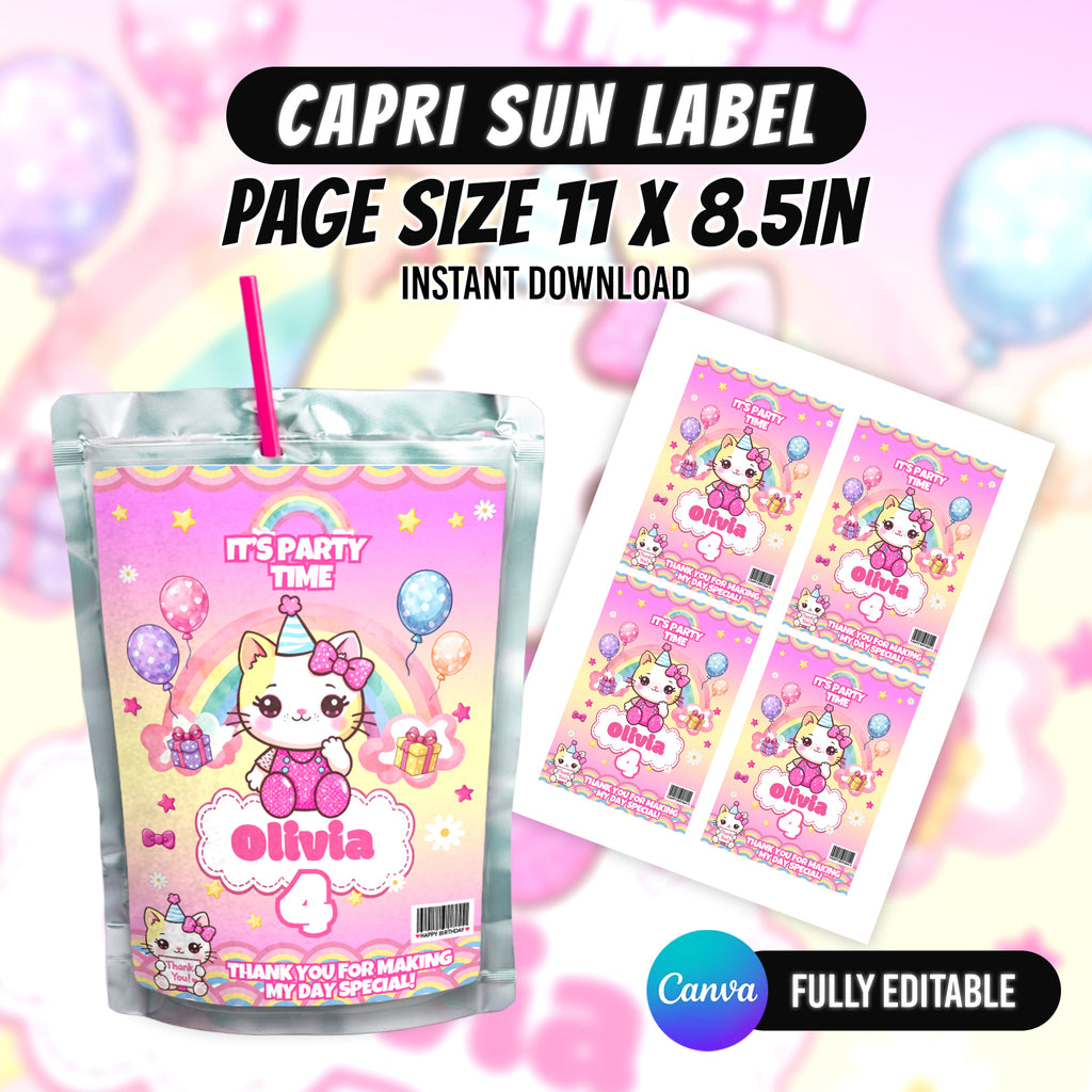 Kawaii Cat Birthday Party Favor Bundle Canva Editable 10 Item Pink Girls Party Cute Cat Water Bottle Chip Bag Invitation Instant Download